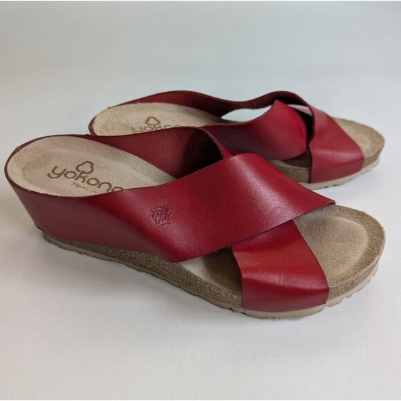 Yokono Mora Wedge Red Leather Cork Sandal Women's Size 9 - Picture 1 of 6